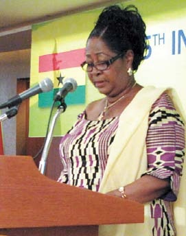 Ambassador Margaret Clarke-Kwesie speaks at Ghana’s independence Day celebrations in Seoul on March 6. (Kirsty Taylor/The Korea Herald)