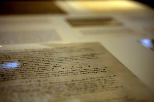 One of only three existing manuscripts which contain Albert Einstein’s famous formula, E=MC2 the General Theory of Relativity, is displayed with other documents during a press conference at the Israeli Hebrew University in Jerusalem on Monday. (AFP-Yonhap News)