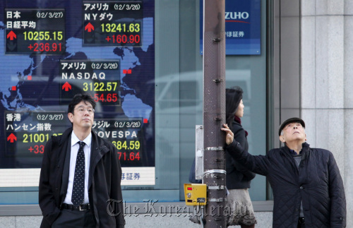 Pedestrians wait to cross a road in front of an electronic stock board outside a securities firm in Tokyo. (Bloomberg)