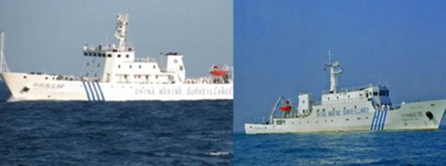 This undated handout photo taken by Philippine navy and released on Wednesday by the Department of Foreign Affairs shows a combo photo of Chinese surveillance ships 84 (left) and 75 which were allegedly locked in a standoff with the biggest warship of the Philippines, off Scarborough Shoal, as the Philippines` navy flagship tried to arrest Chinese fishermen found to have illegally entered its territory over the weekend. (AFP-Yonhap News)