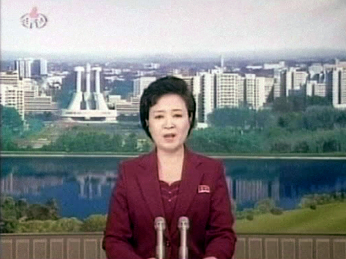 In this April 13, 2012 image made from KRT video, North Korea's state broadcaster KRT announcer speaks on the failure on Friday of the country's planned rocket launch, North Korea. (AP)