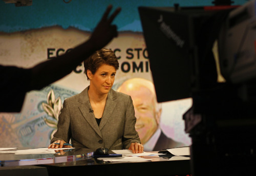 MSNBC’s Rachel Maddow gets her cue seconds before her show airs at MSNBC studios in New York, September 15, 2008. “Rachel Maddow Show,” airs weekdays 9 to 10 p.m. She’s also the host (since 2004) of the radio show with the same name that airs weekdays 6 to 9 p.m. on Air America (and on XM Satellite Radio). (Michael S. Wirtz/Philadelphia Inquirer/MCT)