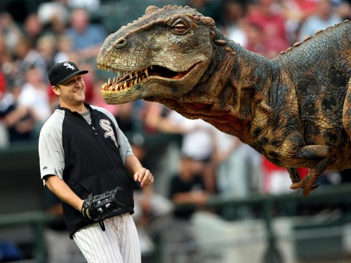 Chicago White Sox pitcher Mark Buerhle has a chuckle with robotic 