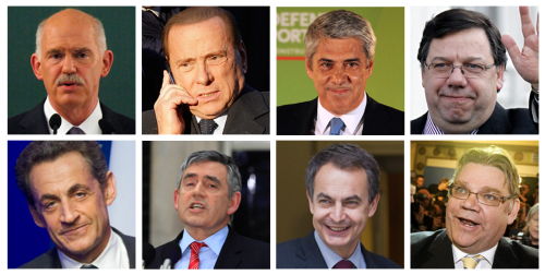 This combination of Associated Press file photos shows (from top left), former Greek Prime Minister George Papandreou, former Italian premier Silvio Berlusconi, former Portugal interim Prime Minister and Socialist Party leader Jose Socrates, former Irish Prime Minister Brian Cowen, former French President Nicolas Sarkozy, former British Prime Minister Gordon Brown, former Spain Prime Minister Jose Luis Rodriguez Zapatero, and Chairman Timo Soini of the True Finns. (AP-Yonhap News)