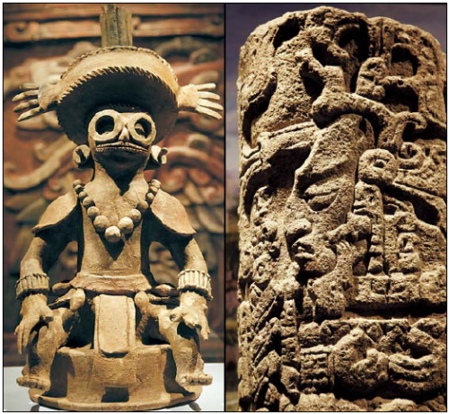 A jade figurine of Maize God (left) and the stone Copan Stela 11are shown at the “Maya 2012: Lords of Time” exhibit at theUniversity of Pennsylvania Museum of Archaeology andAnthropology on Thursday in Philadelphia. (AP-Yonhap News)