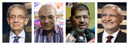 Egyptian presidential candidates, (from left), Amr Moussa, Ahmed Shafiq, Mohammed Morsi and Abdel-Moneim Abolfotoh. None of the 13 candidates is likely to top 50 percent in voting May 23-24, so a runoff vote is set for June 16-17. (AP-Yonhap News)