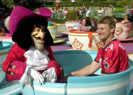 Captain Hook takes a ride on Mad Hatter's Tea cup ride at Disneyland. (MTC)