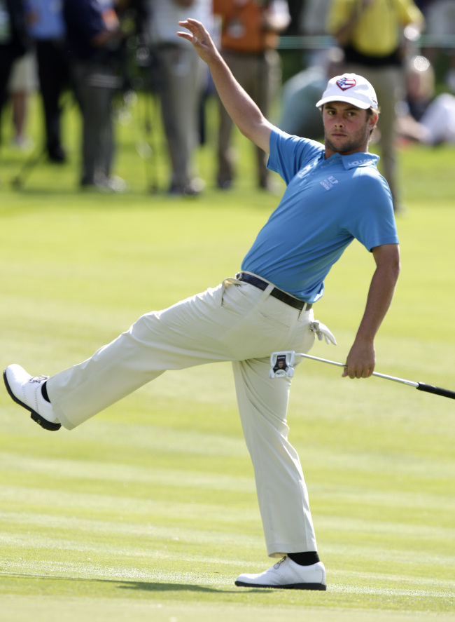 Spencer Levin reacts to missing his birdie putt on the 13th hole on Saturday. (AP-Yonhap News)