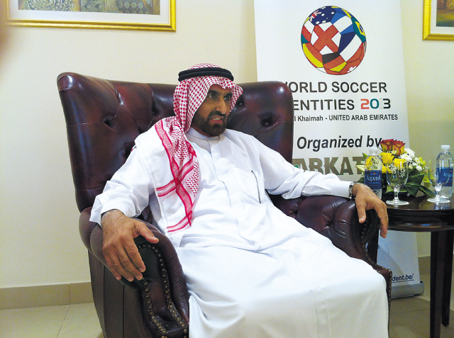 Sheikh Mohammed bin Saqr Al Qasimi, president of the International Federation of Football History and Statistics, speaks to reporters. (Robert Lee/The Korea Herald)