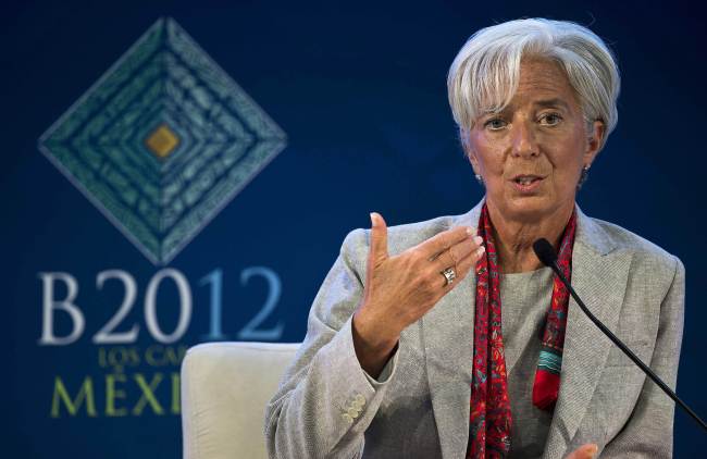 Managing Director of the IMF Christine Lagarde speaks at the World Economy panel discussion in the framework of the G20 Leaders Summit which starts on Monday in Los Cabos, Mexico. (AFP-Yonhap News)