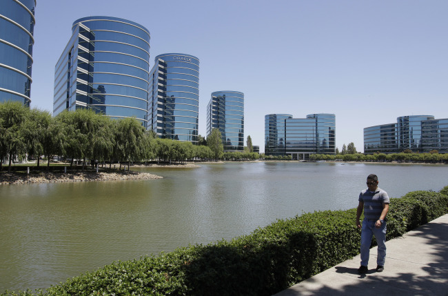 A man walks near the Oracle headquarters in Redwood City, California, Monday. (AP-Yonhap News)