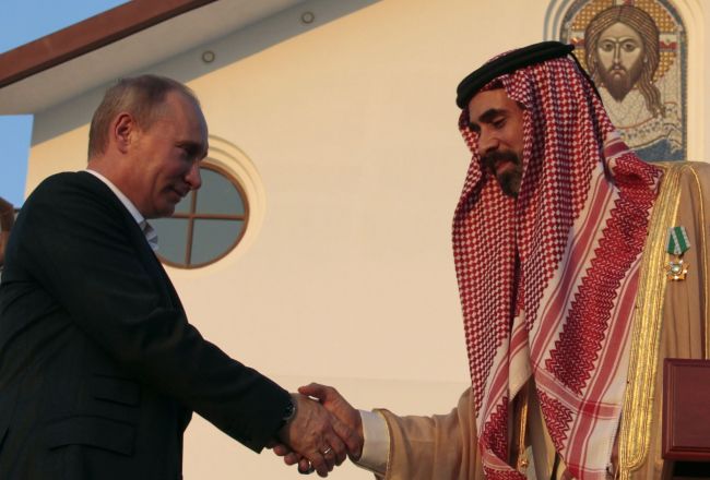 Jordan’s Prince Ghazi (right) shakes hands with Russian President Vladimir Putin after opening a guesthouse for Russia’s Christian pilgrims at a Jordan Valley site where many Christians believe Jesus was baptised on Tuesday. (AFP-Yonhap News)