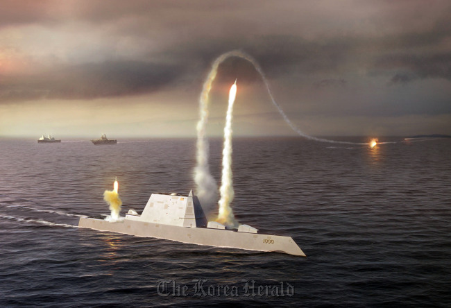 An artist’s rendering of the Zumwalt class destroyer DDG 1000, a new class of multi-mission U.S. Navy surface combatant ship designed to operate as part of a joint maritime fleet, assisting Marine strike forces ashore as well as performing littoral, air and sub-surface warfare. (U.S. Navy)