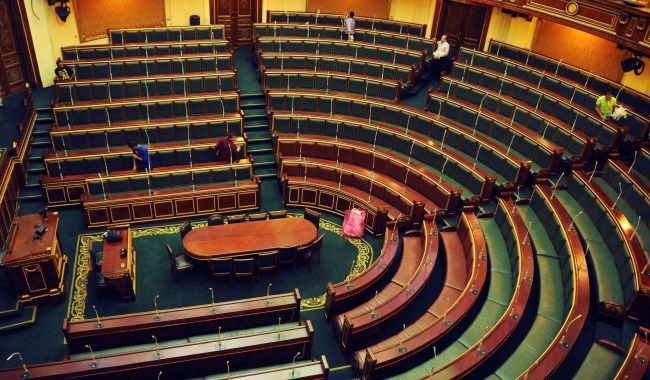 Workers clean inside the Egyptian parliament in Cairo on Monday. (AP-Yonhap News)