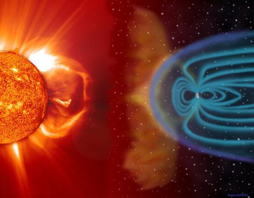 The Sun's magnetic field and releases of plasma directly affect Earth and the rest of the solar system. Solar wind shapes the Earth's magnetosphere and magnetic storms are illustrated here as approaching Earth. These storms, which occur frequently, can disrupt communications and navigational equipment, damage satellites, and even cause blackouts. The white lines represent the solar wind; the purple line is the bow shock line; and the blue lines surrounding the Earth represent its protective magnetosphere. The magnetic cloud of plasma can extend to 30 million miles wide by the time it reaches earth. UPI/SOHO/ESA/NASA