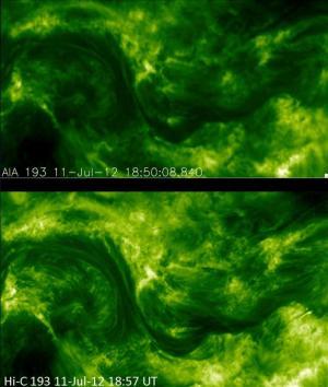 These photos of the solar corona, or million-degree outer atmosphere, show the improvement in resolution offered by NASA's High Resolution Coronal Imager, or Hi-C (bottom), versus the Atmospheric Imaging Assembly on NASA's Solar Dynamics Observatory (top). Credit: NASA (UPI)