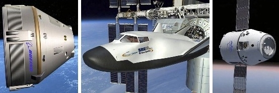 Boeing Co.'s CST-100 capsule (left), Sierra Nevada Corp.'s Dream Chaser space plane (middle) and SpaceX's Dragon capsule(right).                                                                                                               (NASA)