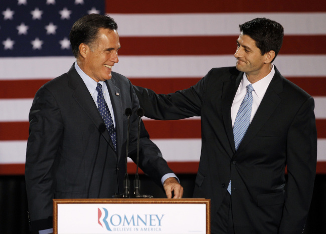 Wisconsin Congressman Paul Ryan, R-Wis. introduces Republican presidential candidate, former Massachusetts Gov. Mitt Romney before Romney spoke at the Grain Exchange in Milwaukee, in this April 3, 2012 file photo. (AP)