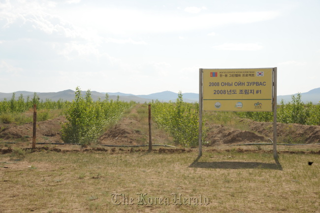 A plantation farm in Lun Som fostered in accordance with a 10-year Greenbelt Plantation Project between KFS and Mongolia to prevent desertification. (KFS)