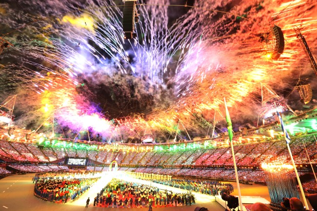 Fireworks go off as London marks the closing of the 2012 Olympic Games on Sunday. (London Olympic Joint Press Corps)