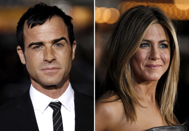 This combo photo made from Feb. 16 file photos shows Justin Theroux (left) and Jennifer Aniston. (AP-Yonhap News)