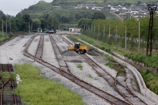 In this Monday photo, construction is under way along railway lines linking tracks in Rason in far northeastern North Korea with Russian rail lines. (AP-Yonhap News)