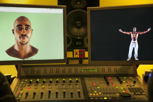 In this photo taken June 12, video images of the Tupac Shakur hologram are displayed on a computer monitor at the Subtractive Studio in Santa Monica, California. (AP-Yonhap News)