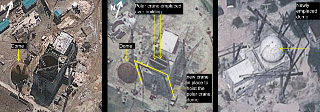 These three satellite images taken on (from left) March 20, June 24 and Aug. 6, by GeoEye-1 satellite, and released Tuesday by IHS Jane’s Defence Weekly show development of the building construction at Yongbyon Nuclear Scientific Research Center in North Korea. (AP-Yonhap News)