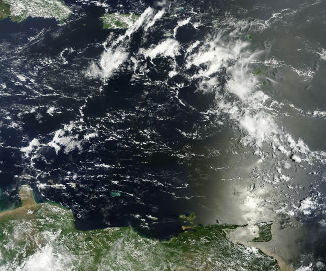 The Moderate Resolution Imaging Spectroradiometer on NASA’s Terra satellite captured this natural-color image Tropical Depression 9 on Tuesday in the Atlantic. (AFP-Yonhap News)