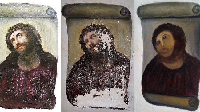 A combination of three photos provided by the Centre de Estudios Borjanos on Wednesday shows the original version of the painting Ecce Homo (left) by 19th-century painter Elias Garcia Martinez, the deteriorated version (centered) and the restored version by an elderly woman in Spain. (AFP)