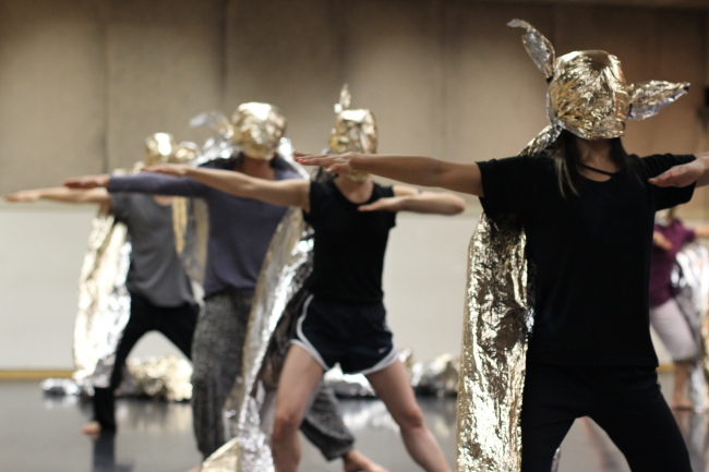 Dancers rehearse French choreographer Pierre Rigal’s upcoming show “Theatre of Operations.” (LG Arts Center)