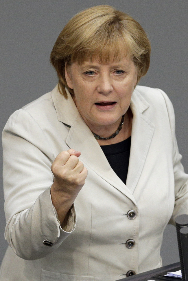 German Chancellor Angela Merkel speaks during a budget debate in Berlin on Wednesday. ( AP-Yonhap News)