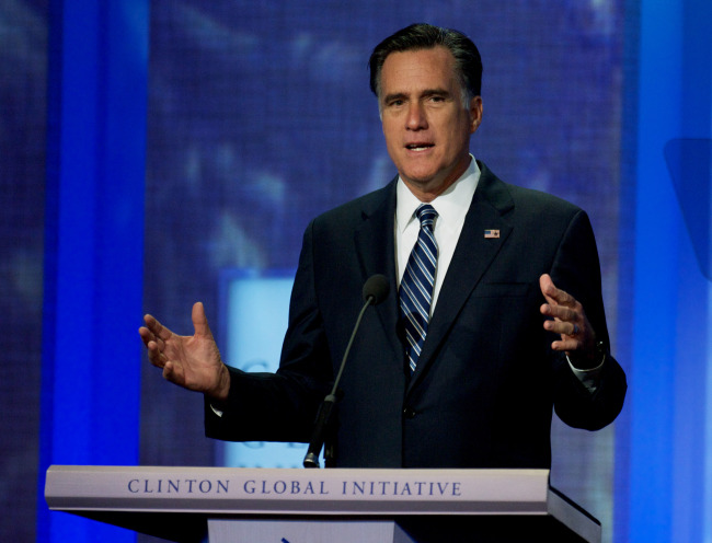 U.S. presidential candidate Mitt Romney addresses the 2012 Clinton Global Initiative Annual Meeting held at the Sheraton Hotel in New York City on Tuesday. (UPI-Yonhap News)