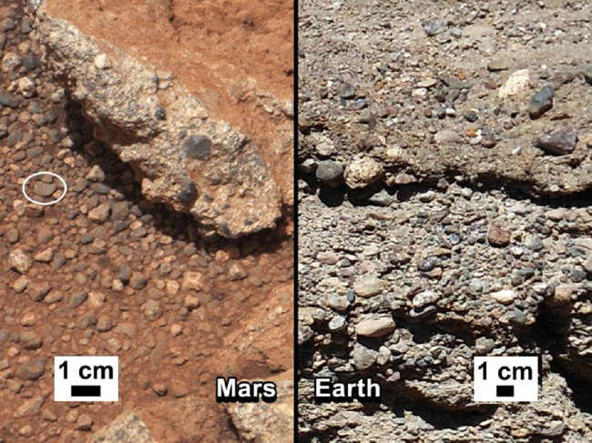 This image provided by NASA shows shows a Martian rock outcrop near the landing site of the rover Curiosity thought to be the site of an ancient streambed, next to similar rocks shown on earth. (AP-Yonhap News)