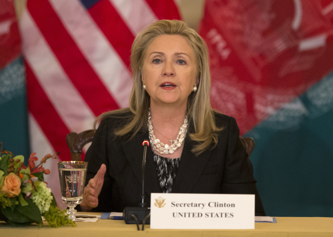 U.S. Secretary of State Hillary Rodham Clinton speaks during a meeting of the U.S.-Afghanistan Bilateral Commission at the State Department in Washington on Wednesday. (AP-Yonhap News)