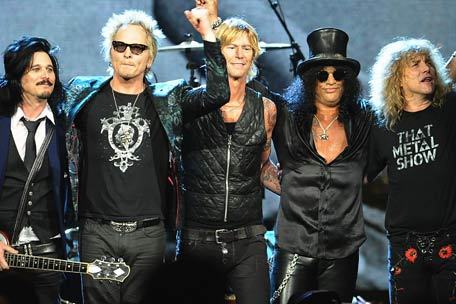 Rock band Guns & Roses greets after induction into the Rock and Roll Hall of Fame Rock and Roll Hall of Fame Saturday, April 14, 2012, in Cleveland. (AP)