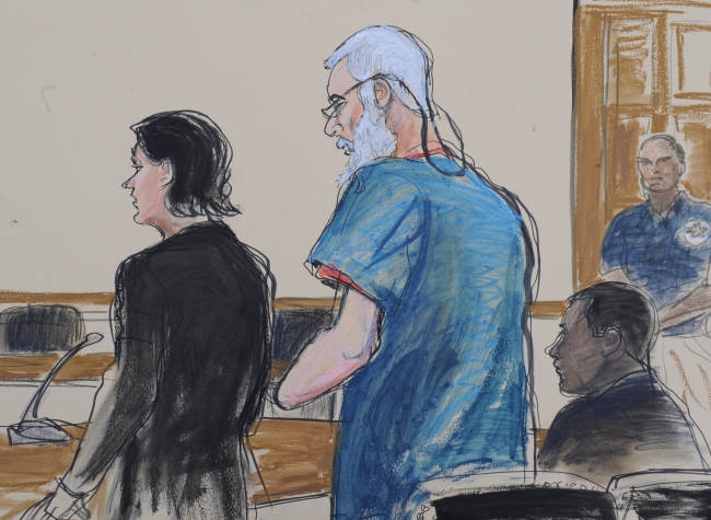 In this courtroom drawing, defense attorneys Sabrina Shroff and Jerrod Thompson Hicks represent accused terrorist Abu Hamza al-Masri (center) before Magistrate Judge Franklin Maas in Manhattan federal court in New York on Saturday. (AP-Yonhap News)