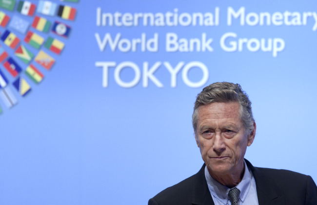 IMF Chief Economist Olivier Blanchard attends a news conference at the Annual Meetings of the IMF and the World Bank Group in Tokyo on Tuesday. (Bloomberg)