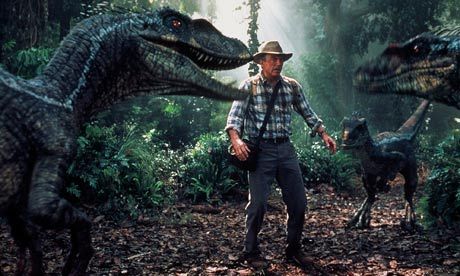 Actor Sam Neill, as Dr Alan Grant, encounters a group of velociraptors in Jurassic Park III. (AP)