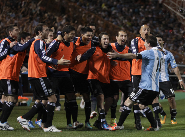 Argentina’s Lionel Messi celebrates his goal against Uruguay with teammates. (AP-Yonhap News)