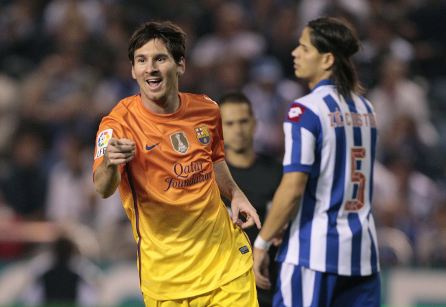 Barcelona’s Lionel Messi celebrates his goal on Saturday. (AP-Yonhap News)