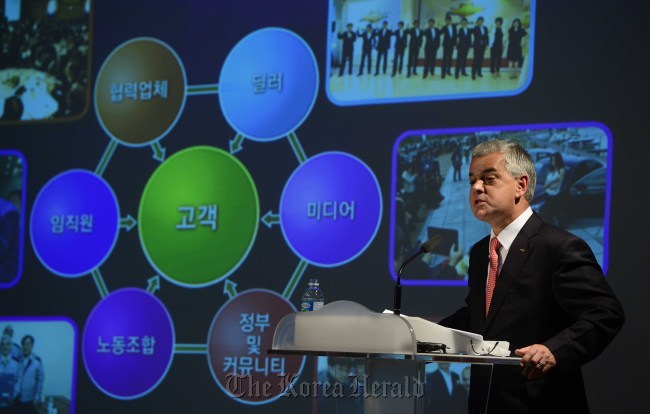 GM Korea president and CEO Sergio Rocha speaks during a press conference held at the carmaker’s headquarters in Bupyeong, Incheon, Thursday. (Park Hae-mook/The Korea Herald)