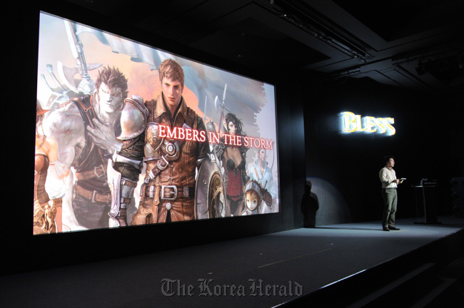 Neowiz studio producer Jacob Han presents its new online game “Bless” at a press conference in Seoul, Tuesday. (Neowiz Games)