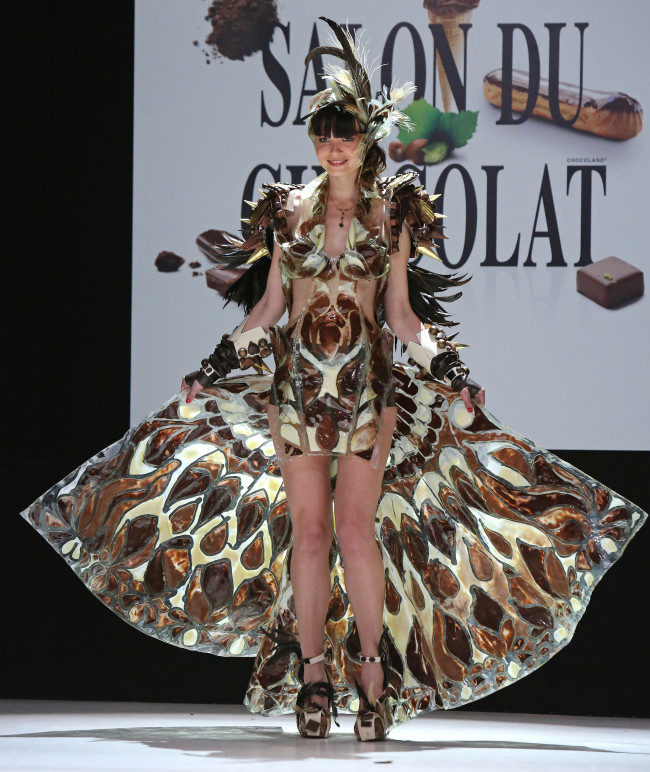 Model Iulya wears a creation made with chocolate during a fashion show at the inauguration of the 18th annual Salon du Chocolat in Paris on October 30, 2012. The show, the world's biggest dedicated to chocolate, brings together fashion designers and chocolatiers from around the world. (UPI)