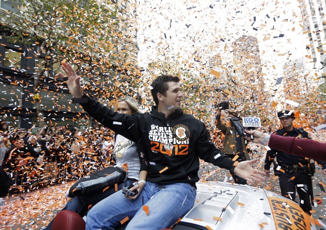 San Francisco Giants catcher Buster Posey takes part in the World Series victory parade on Wednesday. ( AP-Yonhap News)