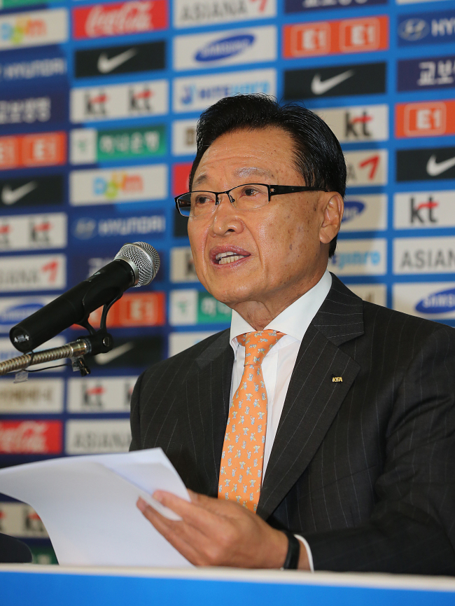 KFA chief Cho Chung-yun takes part in a press conference in Seoul on Thursday. (Yonhap News)