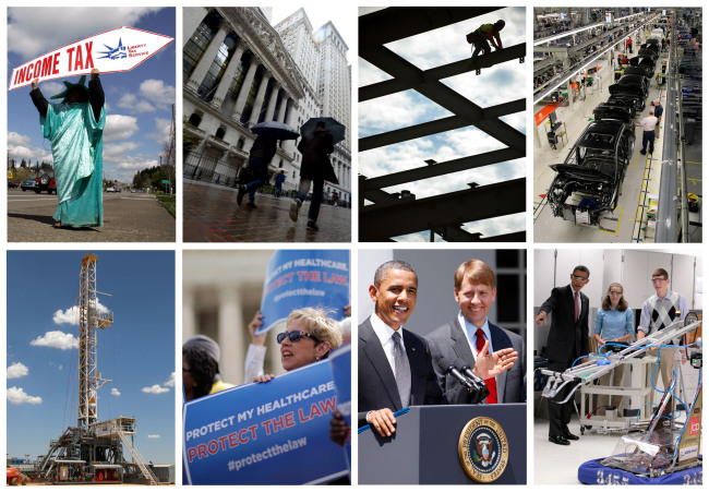 This combination of Associated Press file photos shows some of the key economic sectors that could be impacted by America’s decision to re-elect President Barack Obama over Republican presidential candidate, former Massachusetts Gov. Mitt Romney on Tuesday. (AP-Yonhap News)