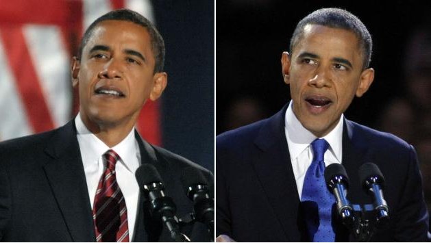 Left: President-elect Barack Obama on election night, November 4, 2008. Right: President Obama on election night, November 7, 2012. (UPI)