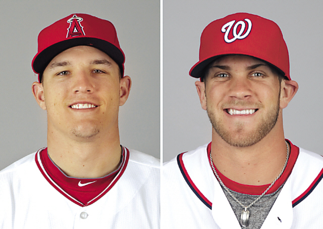 Mike Trout (left) of the Los Angeles Angels and Bryce Harper of the Washington Nationals (AP-Yonhap News)