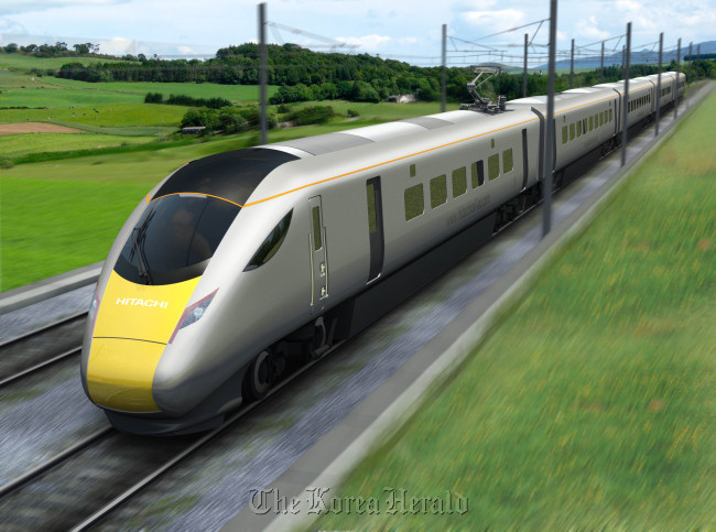 The train for the Intercity Express Program by the Department for Transport in U.K., which will be manufactured by Hitachi Ltd. is seen in this artist rendering. (Bloomberg)